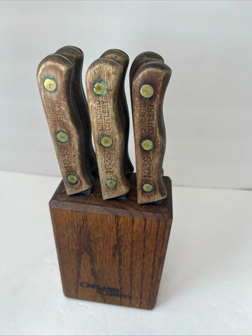 Set of 6 Vintage Chicago Cutlery USA Walnut Handle Steak Knives with Block.